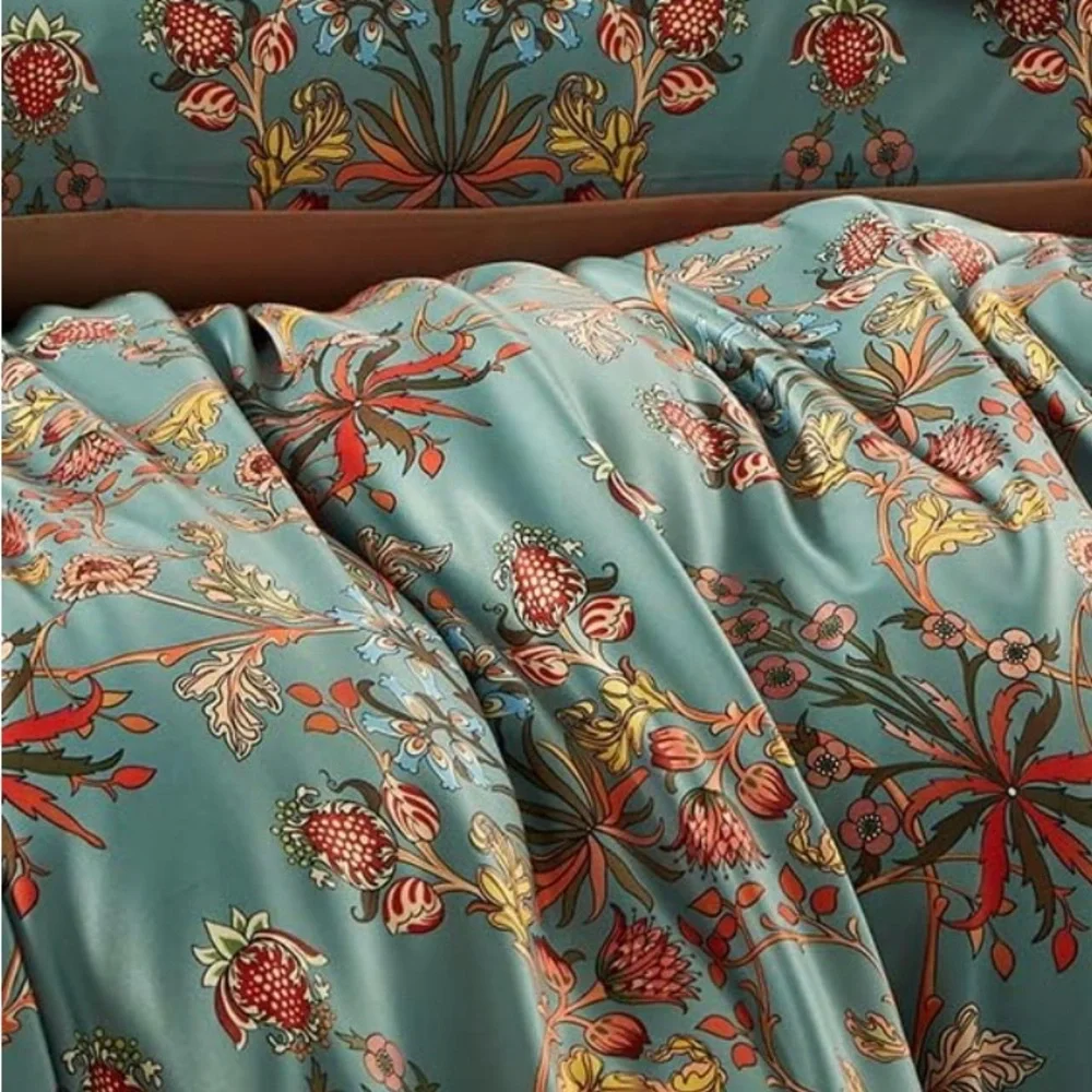 NEW Anthro Blue Orange Boho Floral Queen / King Bedding Duvet & Sham Case Set